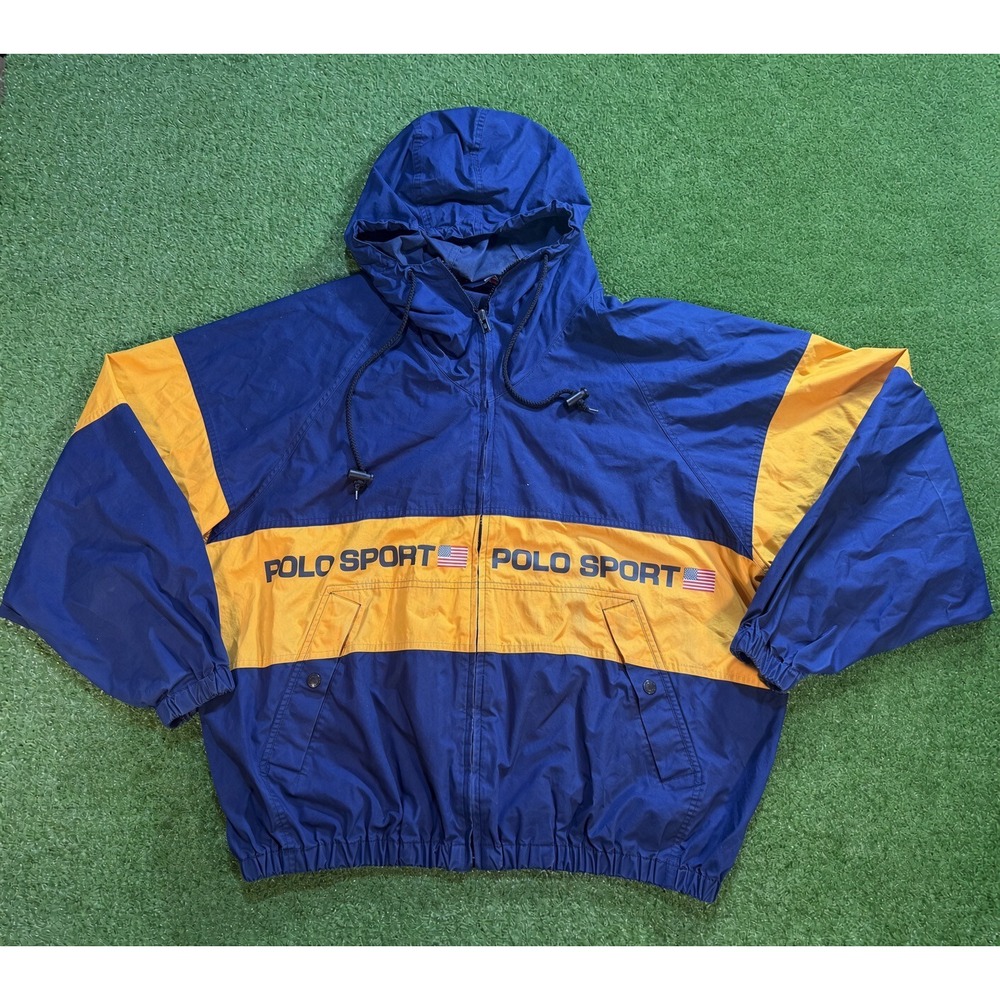 Vintage Polo Sport Ralph Lauren Blue Yellow Hooded Windbreaker Jacket XL